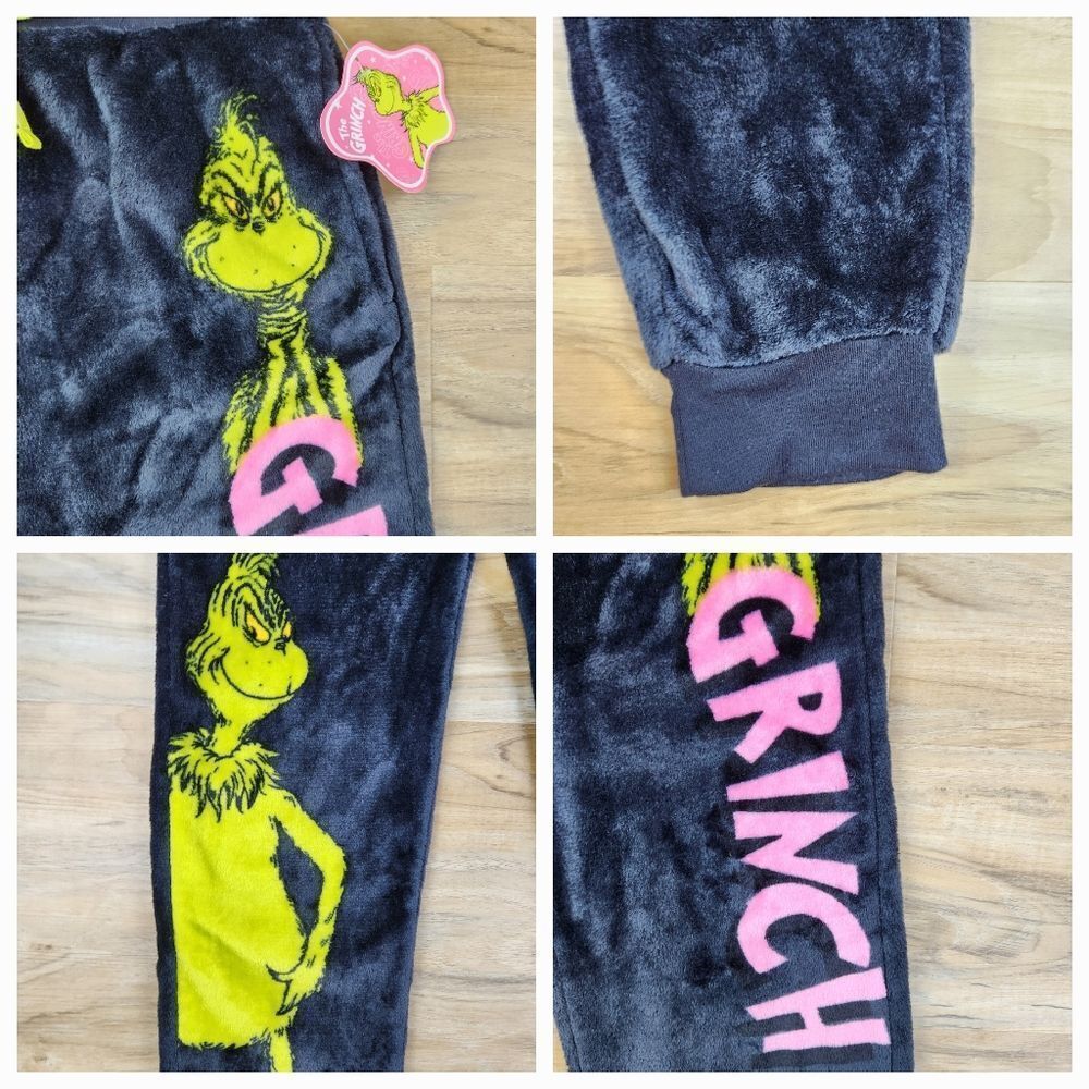☔️🔸️NWT The Grinch Black & Green Grinch Graphic Plush Joggers Small - Picture 8 of 12